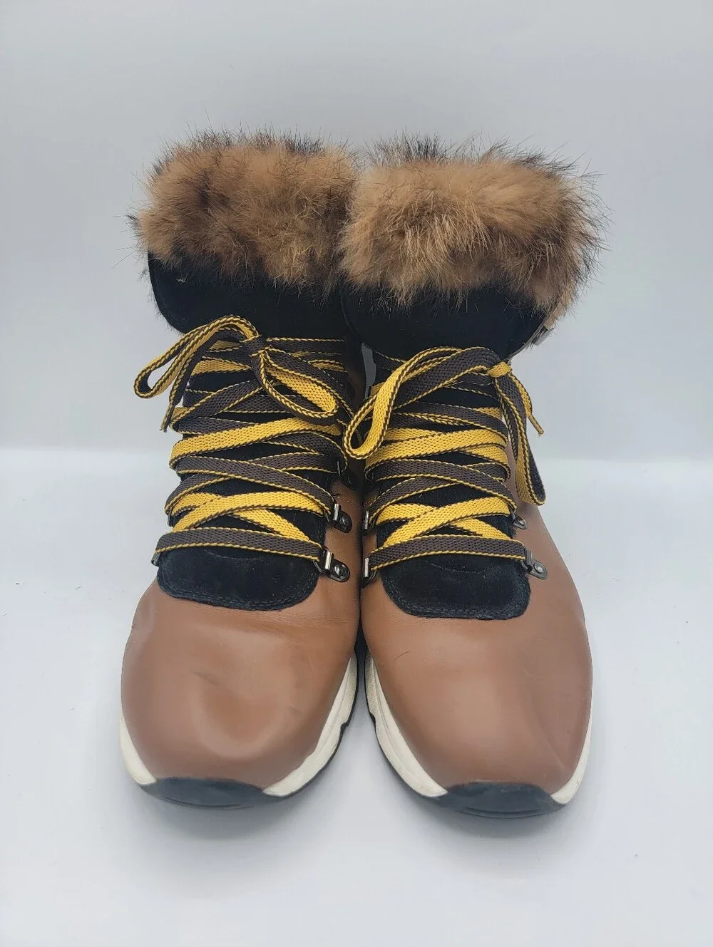 Sesto Meucci Brown Faux Fur Trim Lace-Up Winter Boots with Yellow Laces